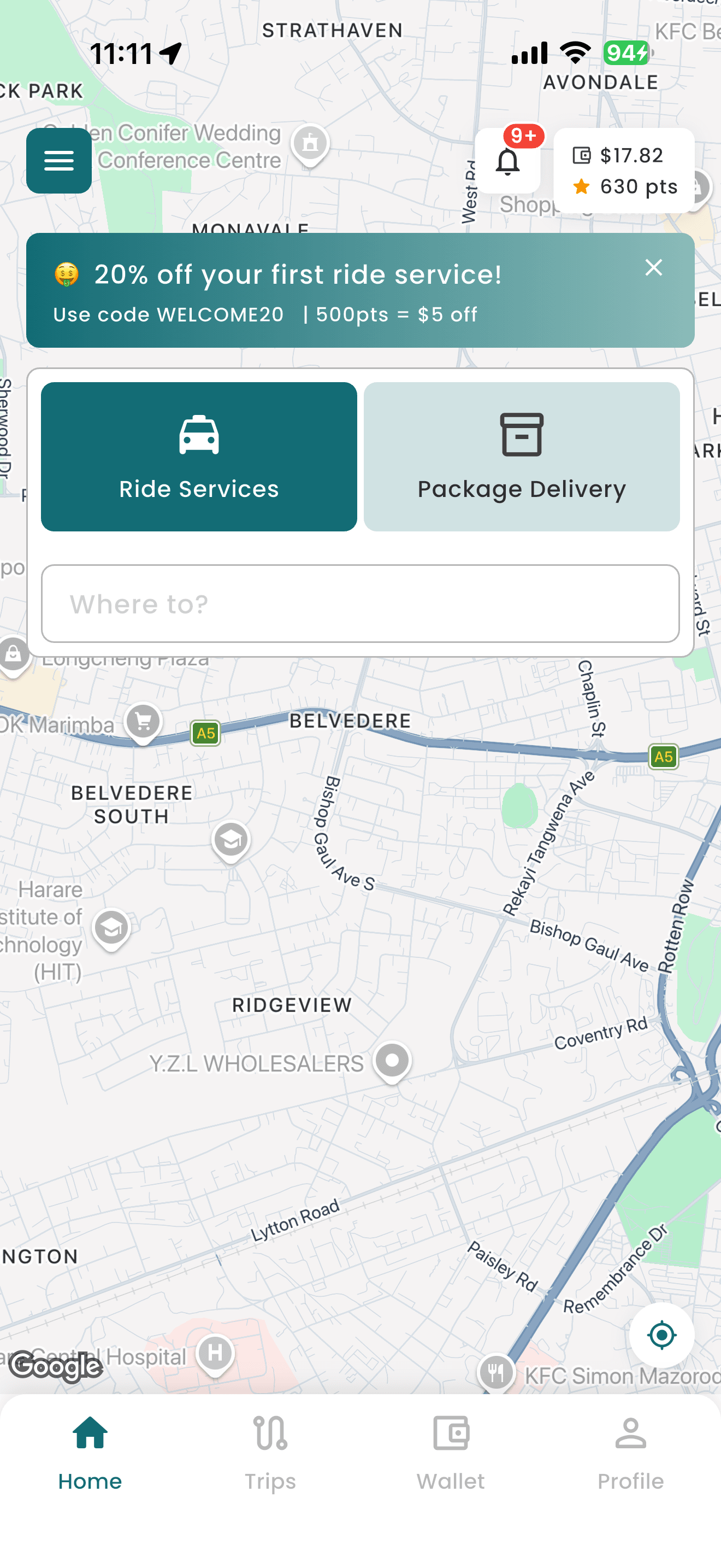 The MiRide app home screen showing a live map of Harare with ride and package delivery options