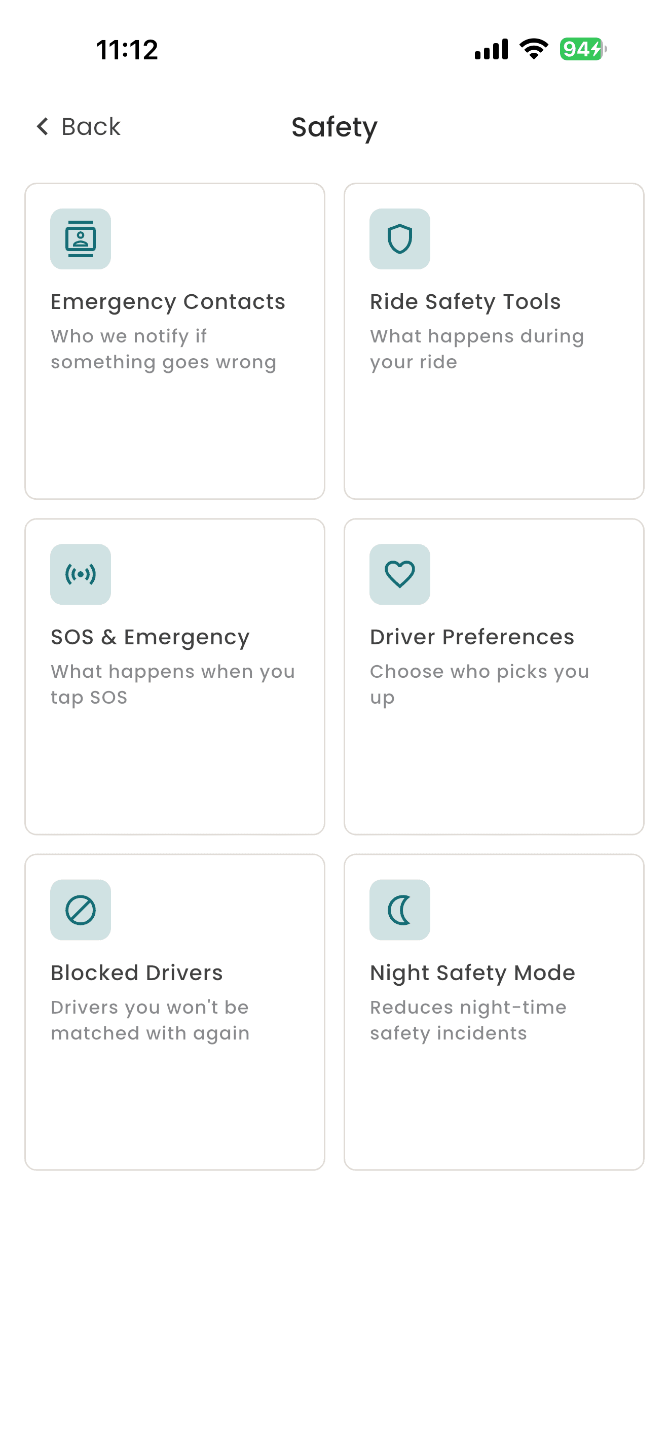 The MiRide app Safety hub with Emergency Contacts, Ride Safety Tools, SOS and Emergency, Driver Preferences, Blocked Drivers, and Night Safety Mode