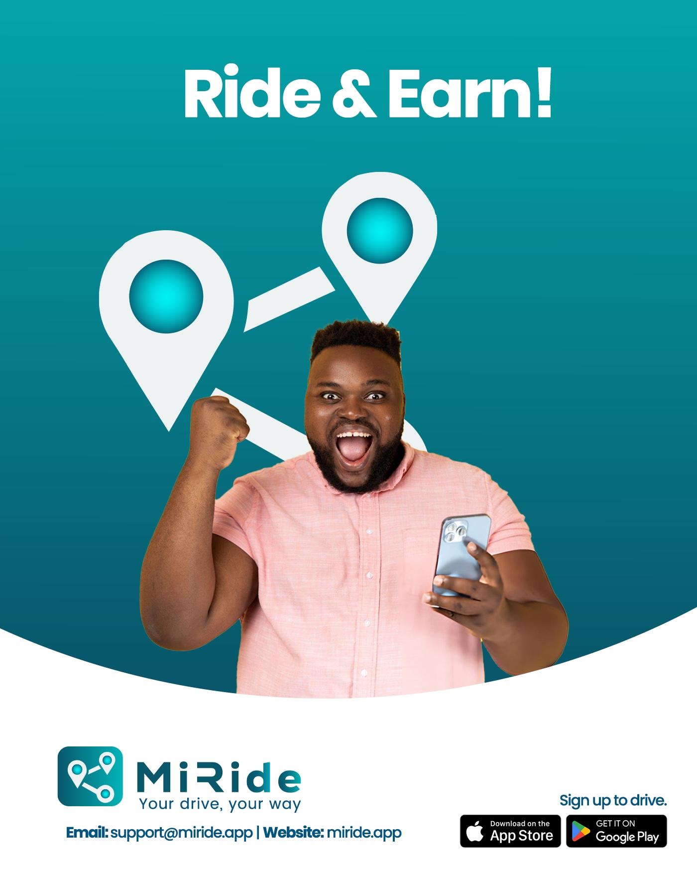MiRide rider celebrating earnings with map pins and the app in hand
